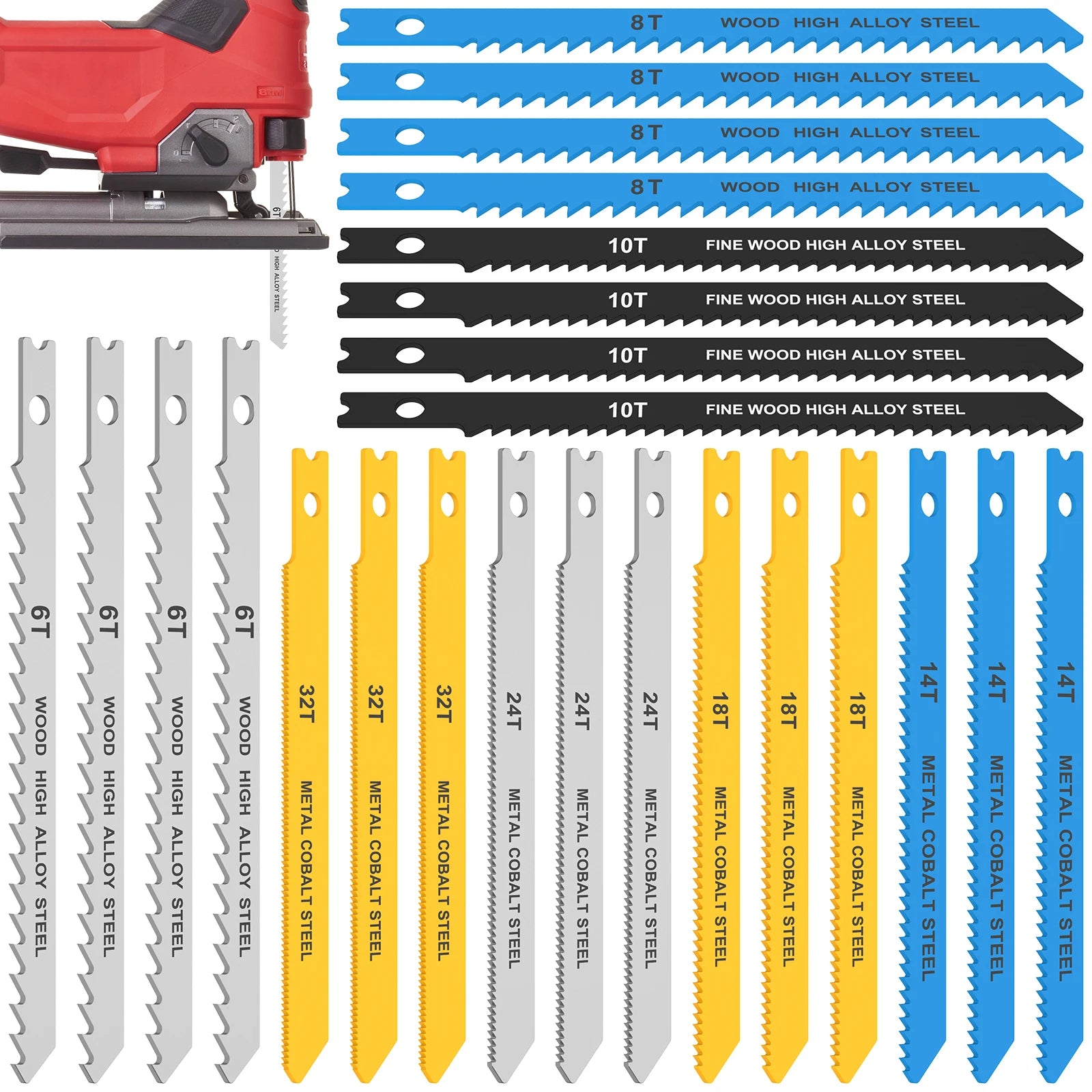 24Pc Jig Saw Blade Set HCS Assorted Saw Blades with U-Shank Sharp Fast Cut down Professional Sharp Jigsaw Blade Woodworking Tool