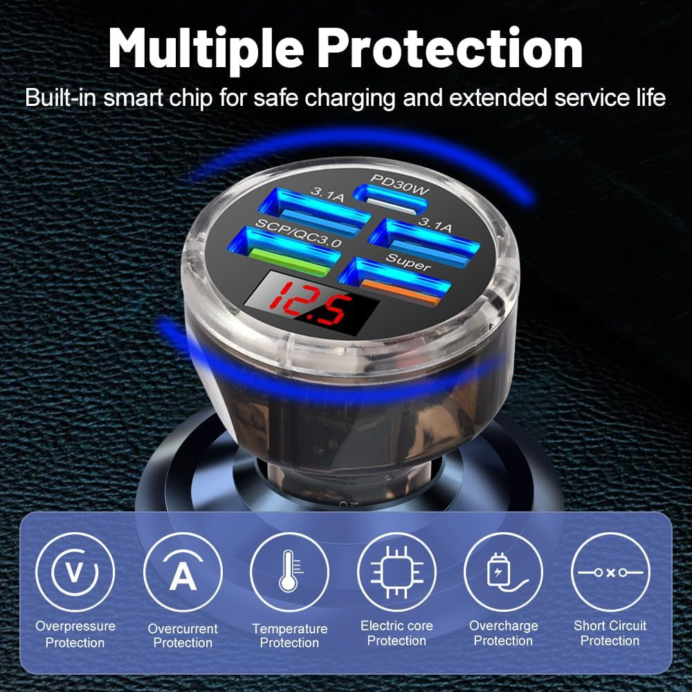 5 Multi Port 65W USB C Car Phone Charger Adapter