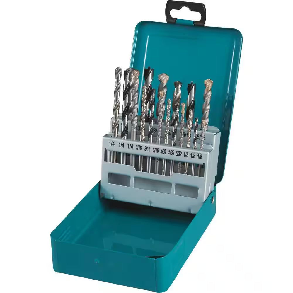 Assorted Drill Bit Set Metal Wood Masonry Straight Shank (18-Pieces) with Metal Carry Case