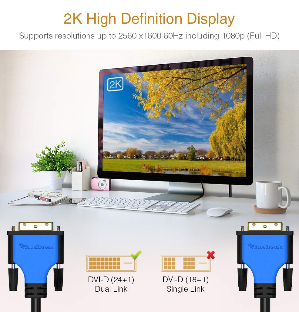 DVI to DVI Cable 10FT (High Resolution 2560X1600, DVI-D Cable 24+1 Dual Link, Gold Plated) – DVI Cables for Gaming, HDTV Monitors, Projectors, Graphics/Video Cards